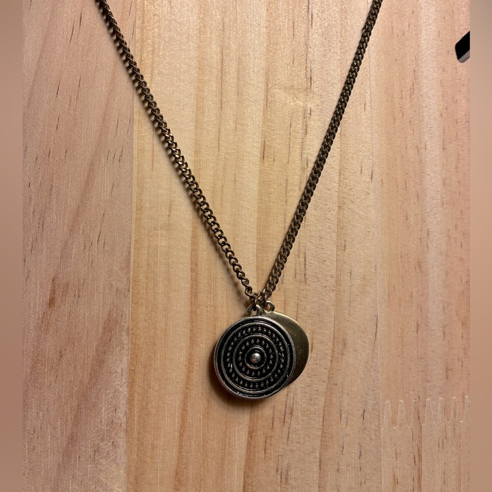 *3 for $20* Two Disc Pendant Necklace, Brass-Toned Chain and Pressed Metal